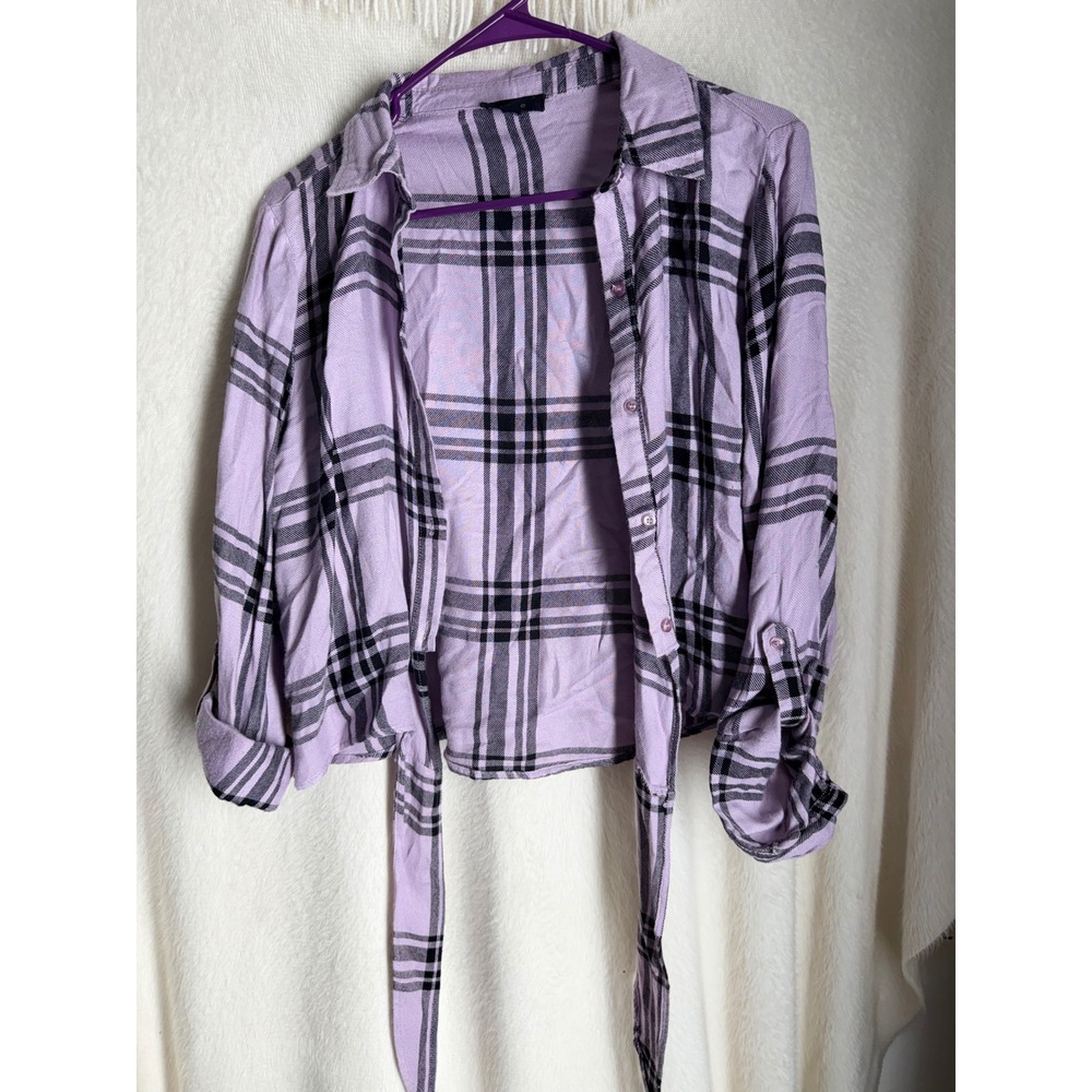 Mine Women Lavender Black Plaid Cropped Tie Front Button Down Shirt Large